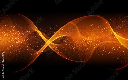 Abstract shiny color wave design element with glitter effect on dark background. Vector illustration