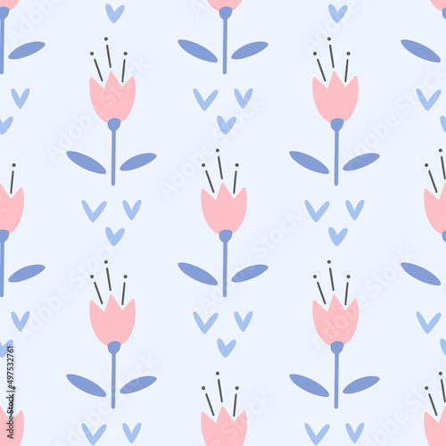 Flowers and leaf seamless pattern. Scandinavian style background. Vector illustration for fabric design, gift paper, baby clothes, textiles, cards.
