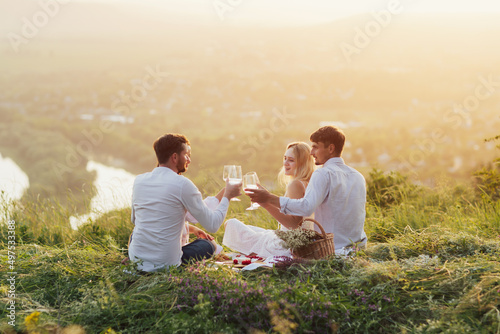 Happy friends are toasting glasses of wine on summer picnic .