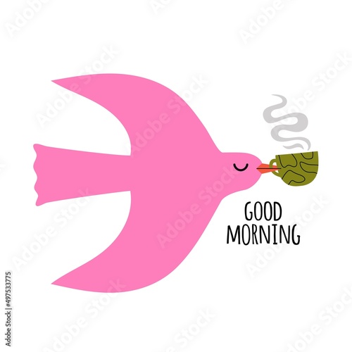 Vector illustration with flying bird and coffee cup. Good morning text. Colored typography poster, print design with hot drink