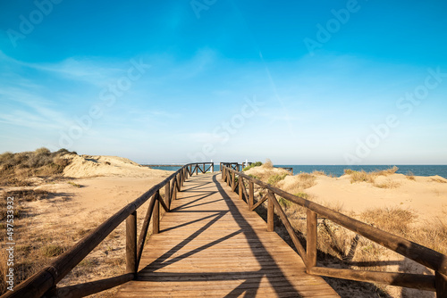 Canvas-taulu wooden footbridge over sand dunes leads out to the Guardamar beach in Alicante,