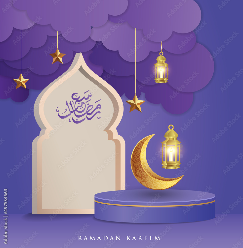 Luxury Islamic Podium with gold crescent moon and traditional islamic lantern. Horizontal Islamic Banner for product showcase, Product presentation, cosmetic product, base, ramadan sales Luxury Islamic Podium with gold crescent moon and traditional islamic lantern. Horizontal Islamic Banner for product showcase, Product presentation, cosmetic product, base, ramadan sales