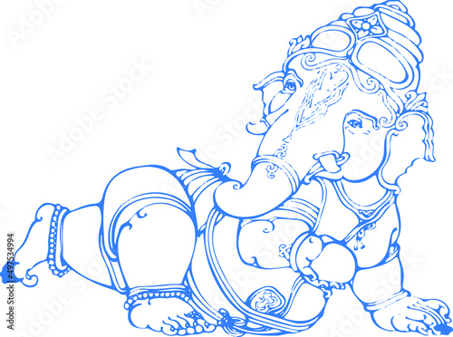 Vector of Hindu Ganesha deity with blue outlining on plain white background