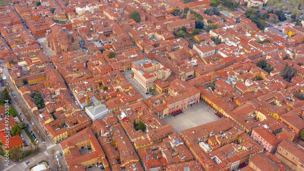 Aerial view of the cathedral of San Cassiano Martyr and Matteotti square in the historic center of Imola, Italy.