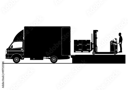Silhouettes of worker with pallet stacker loading small truck from ramp. Vector.