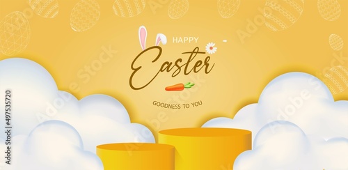 Happy Easter.podium with yellow concept cloud and text design.
