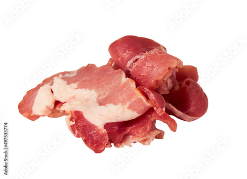 Fresh raw slices of bacon isolated on white background with clipping path.