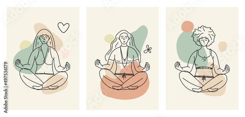 A set of vector illustrations in the style of line art. girls sit in the lotus position and meditate. Young women practice yoga and vipassana