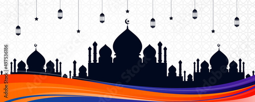 Islamic greeting card banner with colorful wave design, mosque silhouette, and Arabic ornaments. Beautiful Eid al Fitr background with hanging lanterns, stars, and colorful abstract wave