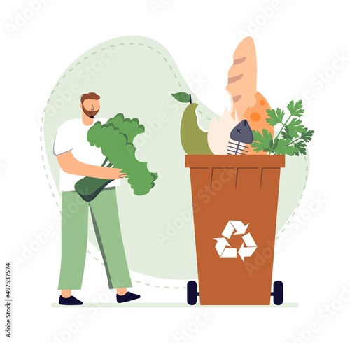 Male character sorting organic waste. Garbage sorting concept. Eco friendly character. Problem of environmental pollution. Ecological lifestyle. Flat vector illustration on white isolated background.