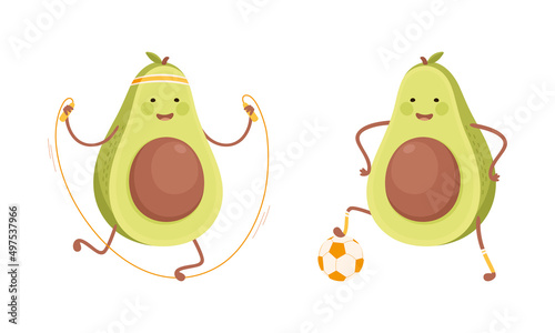 Cute avocado doing sports set. Funny healthy nutritious fruit jumping with skipping rope and playing soccer cartoon vector illustration