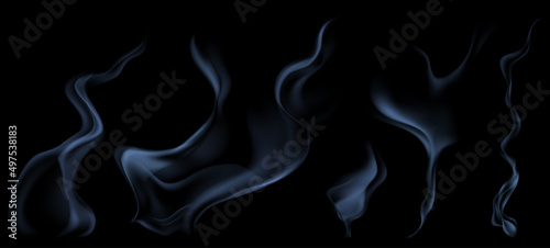Set of several realistic transparent light blue smokes or steam, for use on dark background. Transparency only in vector format