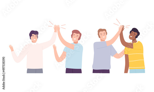 Guys giving high five set. Meeting of friends, informal greeting, command motivation and communication vector illustration