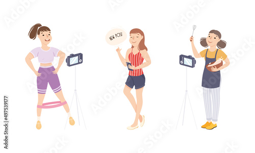 Social media blogging. People creating content for blog and streaming online. Girls bloggers doing fitness workout and cooking vector illustratio