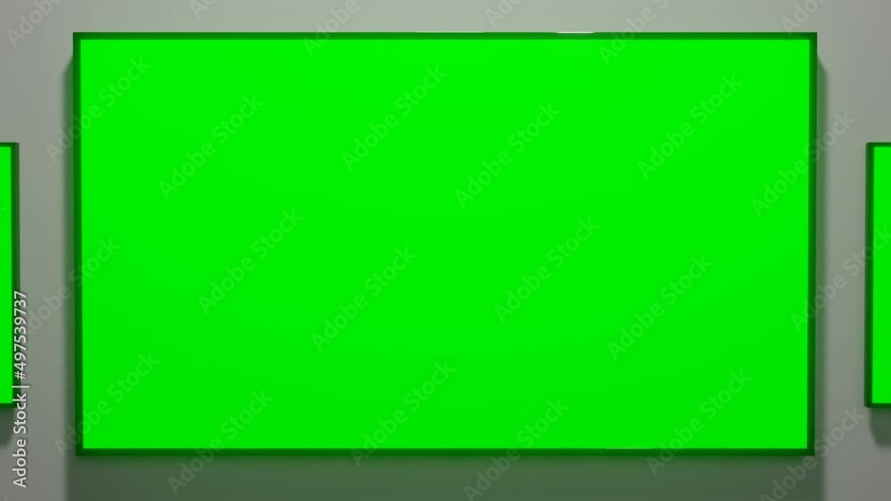 Office with three empty green screen TV screens. Camera movement to middle flat screen 3D render office scene animation. Office with three empty green screen TV screens. Camera movement to middle flat screen 3D render office scene animation.