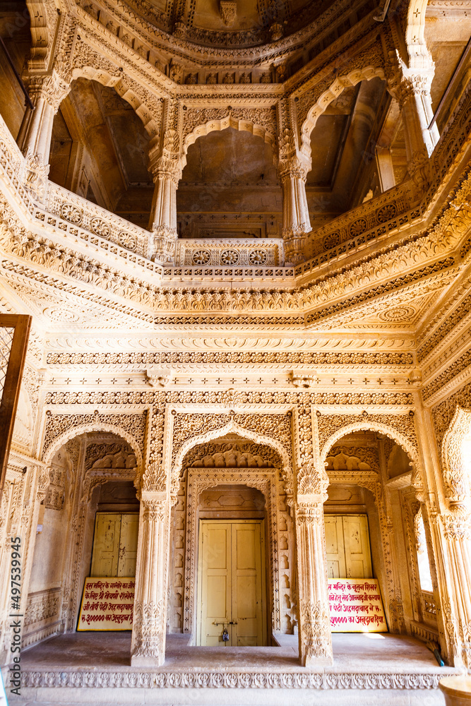 Interior of the Jain temple Amar Sagar in the Jaisalmer area, Rajasthan, India, Asia