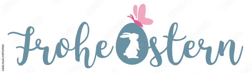 Frohe Ostern Schriftzug mit deko blau und rosa - Osterei und Osterhase ...