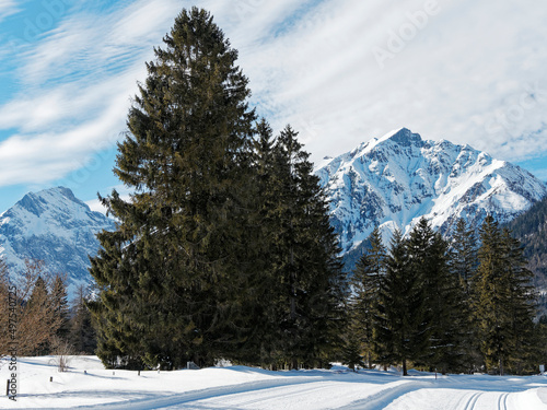 Österreichische Berglandschaft. Pertisau am Achensee im Tirol. Schneebedeckter Tristenautal Langlaufloipe mit Blick auf Dristenkopf photo