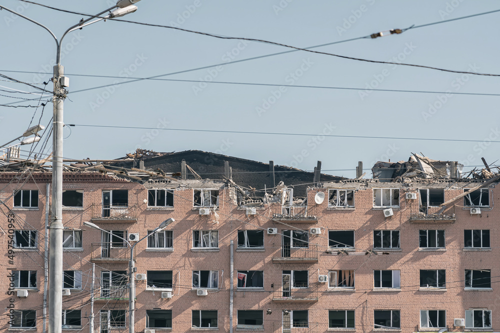 A civilian house in Kyiv destroyed by a Russian missile (war concept, Russian-Ukrainian war) A civilian house in Kyiv destroyed by a Russian missile (war concept, Russian-Ukrainian war)
