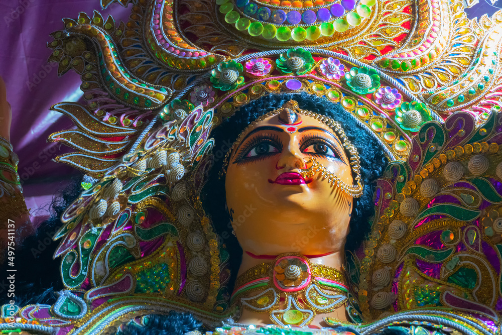 Kolkata, West Bengal, India - 7th October 2018 : Clay idol face of Goddess Durga, under preparation for 