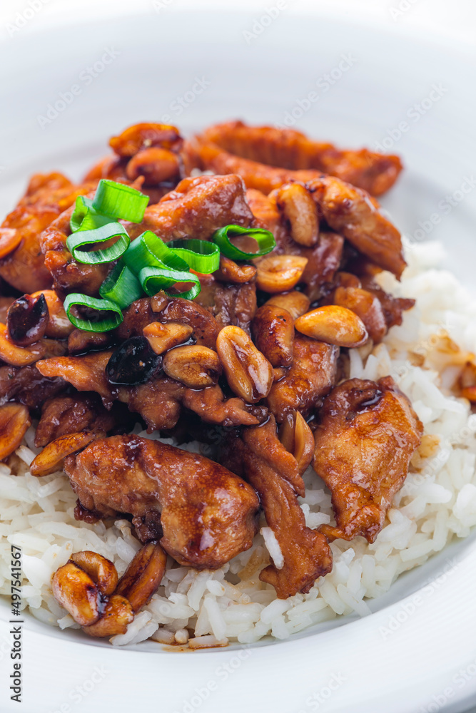 chicken kung pao with peanuts and rice