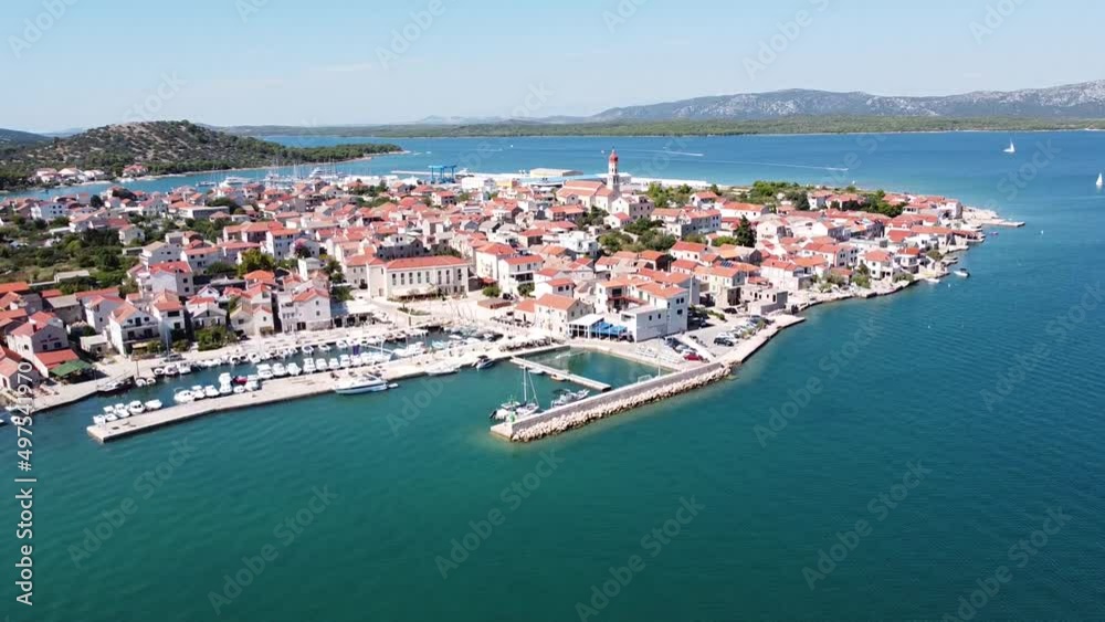 Betina at Murter Island, Croatia - Aerial Drone View of the Beautiful Town, Port and Adriatic Coast Betina at Murter Island, Croatia - Aerial Drone View of the Beautiful Town, Port and Adriatic Coast