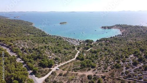 Kosirina Beach, Bay and Campsite at Murter Kornati Island, Dalmatia, Croatia - Aerial Drone View photo