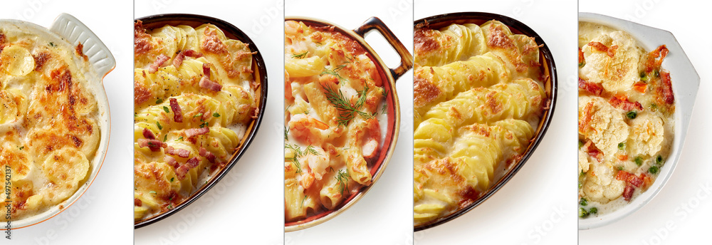 Row separated dishes of tasty of oven grilled pasta, Gratin and Tartiflette  on a white background Stock Photo | Adobe Stock
