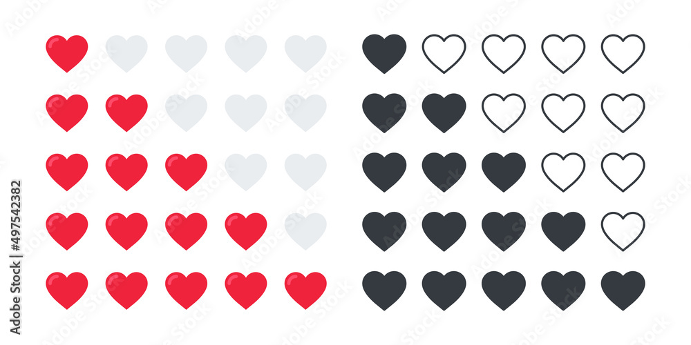 Fototapeta premium Rating hearts icons. Product rating or customer review with red hearts and half hearts. Vector icons