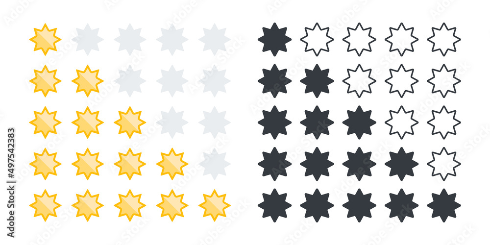 Rating stars icons set. Product rating or customer review with gold stars and black stars. Vector icons Rating stars icons set. Product rating or customer review with gold stars and black stars. Vector icons