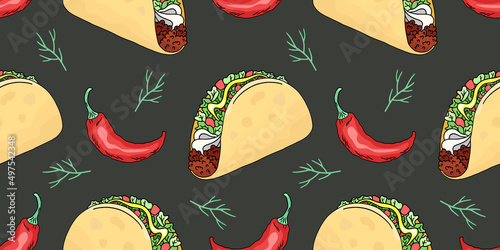Taco and pepper, traditional mexican food, vector seamless pattern, hand-drawn