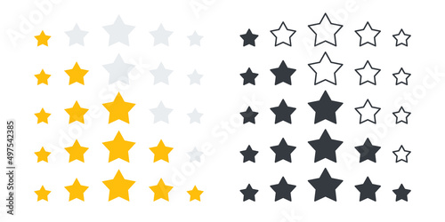 Rating stars icons set. Feedback icons. Product rating or customer review with gold stars and black stars. Vector icons