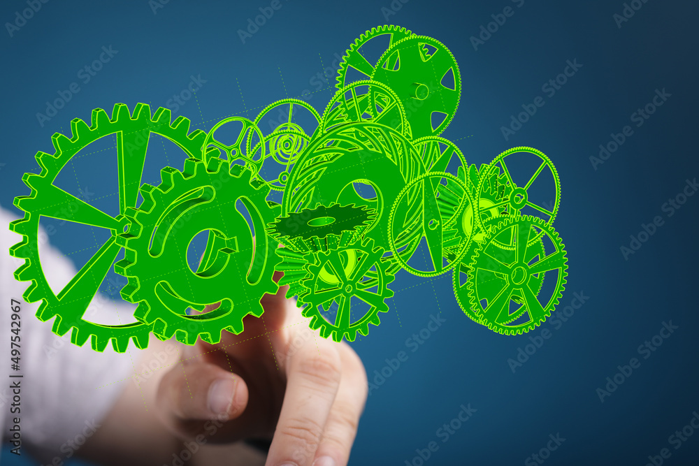 Above Some Gears and Close up on Three Small Green Gears