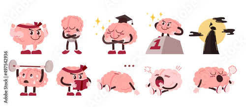 Brain Character With Emotion And Activity Set, Vector, Illustration