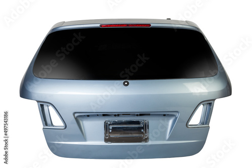Blue metallic boot lid reverse side with stiffeners on a white isolated background with a nameplate for installation on a car after an accident. Spare part for body repair