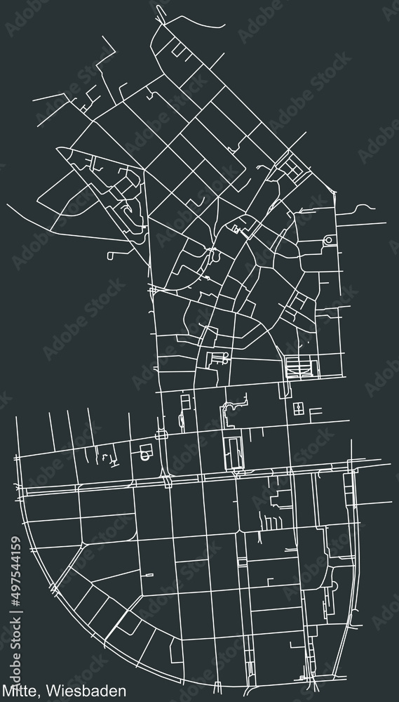 Detailed negative navigation white lines urban street roads map of the MITTE DISTRICT of the German regional capital city of Wiesbaden, Germany on dark gray background