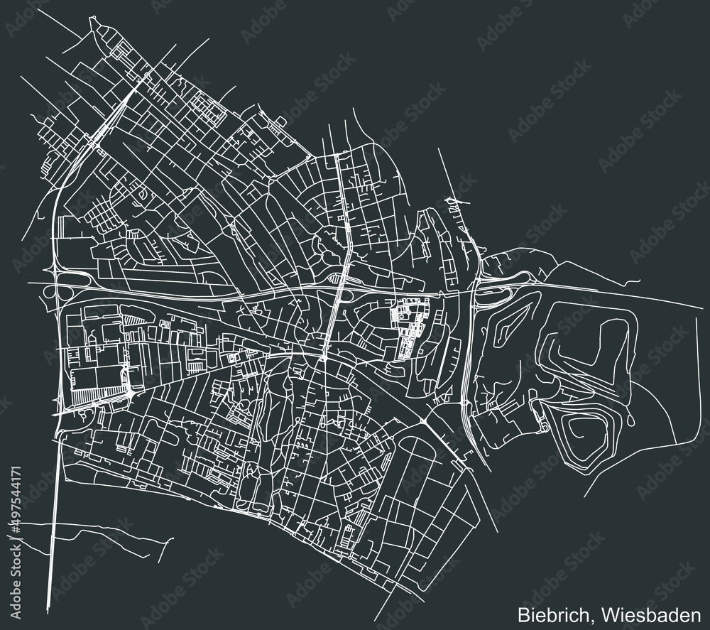 Detailed negative navigation white lines urban street roads map of the BIEBRICH DISTRICT of the German regional capital city of Wiesbaden, Germany on dark gray background