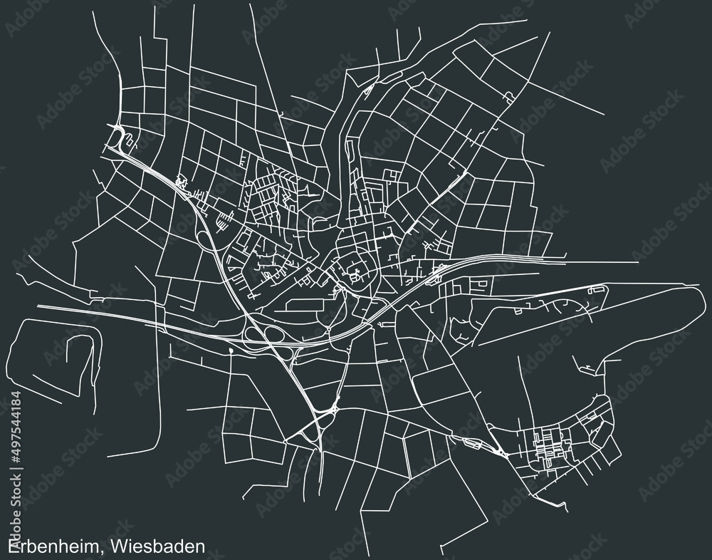 Detailed negative navigation white lines urban street roads map of the ERBENHEIM DISTRICT of the German regional capital city of Wiesbaden, Germany on dark gray background