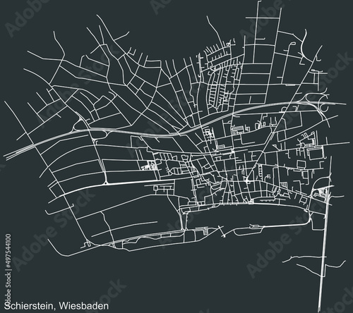 Detailed negative navigation white lines urban street roads map of the SCHIERSTEIN DISTRICT of the German regional capital city of Wiesbaden, Germany on dark gray background
