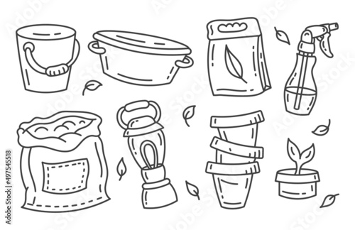 Wallpaper Mural Set of doodle garden illustrations. Gardening and horticulture. Isolated on a white background. Torontodigital.ca