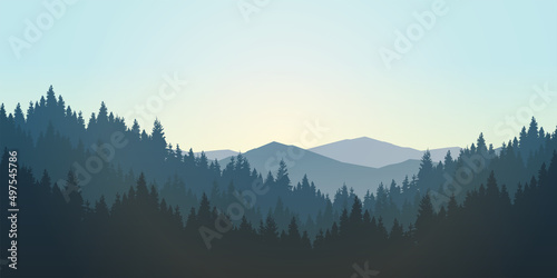 mountain landscape The morning sun is above the pine forest. Background for design, website, book cover, mountain background, mountain vector illustration.