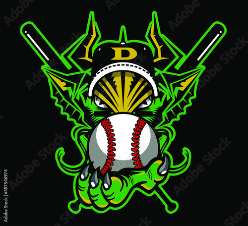 fantasy dragon mascot holding baseball for school, college or league