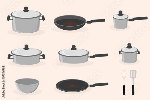 kitchen utensils set pots pans for cooking vector illustration