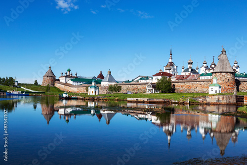 View of the Spaso-Preobrazhensky the Solovetsky Stavropegial monastery on Bolshoi Solovetsky island from bay of Well-beingin the White sea. Arkhangelsk region, Russia