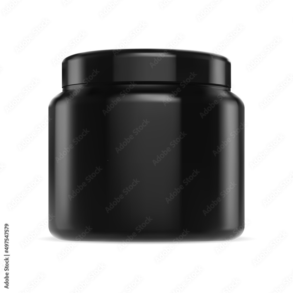Black cream jar. Black plastic cosmetic package mockup. Glossy supplement container, bcaa or protein tube. Face skin wax or scrub can illustration. Creatine or vitamin packaging illustration Black cream jar. Black plastic cosmetic package mockup. Glossy supplement container, bcaa or protein tube. Face skin wax or scrub can illustration. Creatine or vitamin packaging illustration