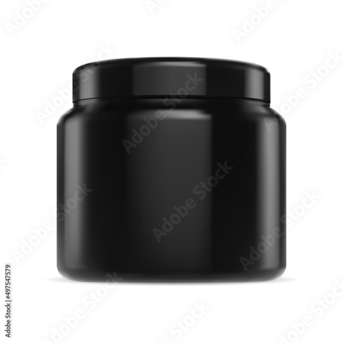Black cream jar. Black plastic cosmetic package mockup. Glossy supplement container, bcaa or protein tube. Face skin wax or scrub can illustration. Creatine or vitamin packaging illustration
