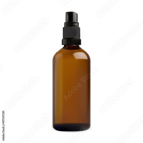 Brown glass spray bottle. Pump container mockup. Isolated amber serum spray jar with crew aerosol cap. Air dispenser, beauty vitamin package design, realistic medicine product vial