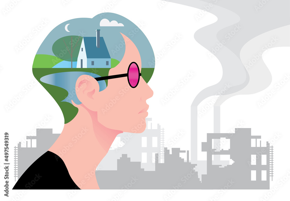 illustration of a refugee woman, against the dystopian destroyed cityscape, survived war victim remembering good life before conflict. Person finding inner peace after disaster illustration of a refugee woman, against the dystopian destroyed cityscape, survived war victim remembering good life before conflict. Person finding inner peace after disaster