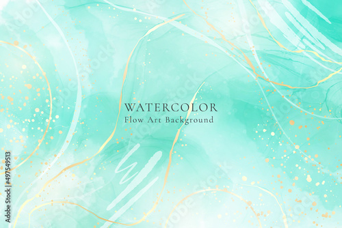 Royal cyan mint liquid marble watercolor background with white lines and brush stains. Teal turquoise marbled alcohol ink drawing effect. Vector illustration backdrop, watercolour wedding invitation