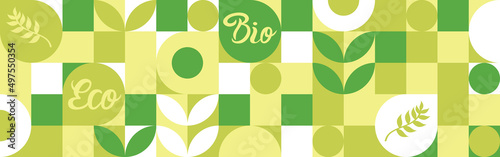 Bio label for ecological social projects, seamless pattern for green flowers eco packaging. Banner in natural style, mosaic of geometric white shapes.